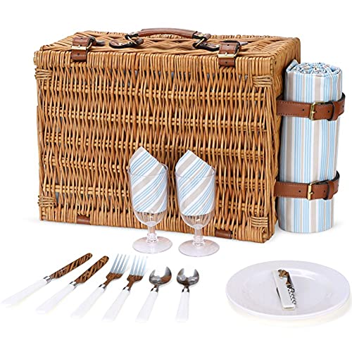 Picnic Basket Set for 2 Persons, Willow Hamper with Large Insulated Cooler Compartment, Waterproof Blanket and Cutlery Service Kit-Classical Brown - color: Light Honey Color for 2 Persons