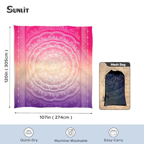 Sunlit Silky Soft Sand Proof Beach Blanket 106"x81" / 85"x72" Sand Proof Mat with Corner Pockets and Mesh Bag for Beach Party, Travel, Camping and Outdoor Music Festival, Mandala - color: Purple Red, size: 120"x108"