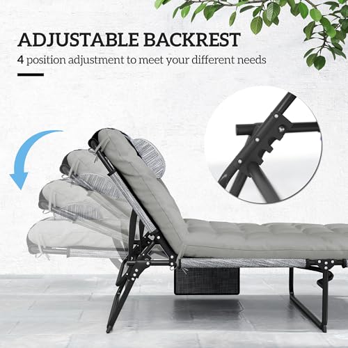Outsunny Folding Chaise Lounge with 4-Level Reclining Back, Outdoor Tanning Chair with Cushion, Outdoor Lounge Chair with Breathable Mesh Fabric, Side Pocket, Headrest, Gray - color: Grey