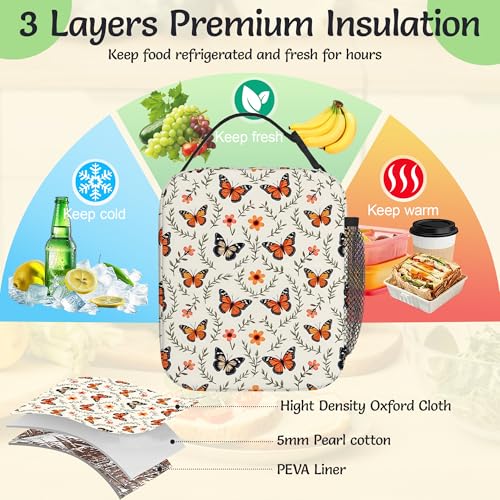 Butterflies Lunch Box for Men,Retro Flowers Leaves Lightweight Reusable Lunch Bag for Girls Boys,Portable Insulated Small Cooler Bag for Picnic,Travel,School,Office - color: Butterflies