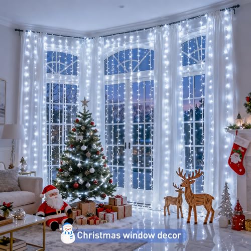 JMEXSUSS 9.5x29.5ft Curtain Lights Indoor Outdoor Decor with Remote, 900LED White Christmas Lights Plug in, Hanging String Lights for Bedroom, Wall, Window, Patio, Garden, Wedding, Reception, Backdrop - color: White, size: 900 LED