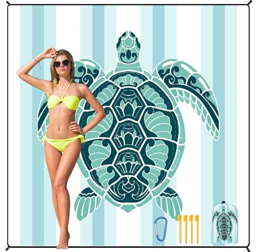 HIHOHO Beach Blanket Waterproof Sandproof Beach Mat 79”x 83” for 1-8 Adults Quick Drying Durable Outdoor Picnic Mat for Beach Festival Travel Camping Hiking (GN-Stripes Seaturtle, 79"×83"(4 Person)) - color: Gn-stripes Seaturtle, size: 6'11" x 6'7"