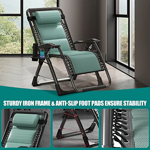 DoCred Zero Gravity Chair, Lawn Recliner, Reclining Patio Lounger Chair, Folding Portable Chaise with Detachable Headrest and Cup Holder Cool Green - color: Cool Green, style: Zero Gravity Chair