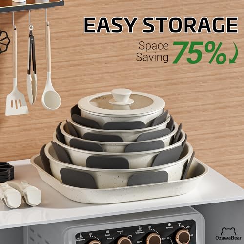 26 Pcs Pots and Pans Set Non Stick, Ceramic Cookware Set Non Toxic with Detachable Handles, Healthy Induction Cookware Oven Safe RV Kitchen Set, PFAS PFOA & PTFE Free, Cream White - size: 26Pcs