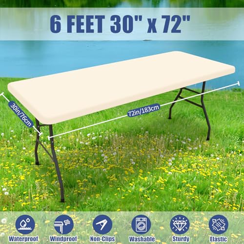 Moosfor Spandex 6 Foot Rectangle Table Cloth, Elastic Fitted Tablecloths for Picnic, Stretch Washable Patio Table Cover for Outdoor, Camping, Banquet and Parties (Champagne, 30"x72") - color: Beige, size: 72" x 30" (Rectangular)