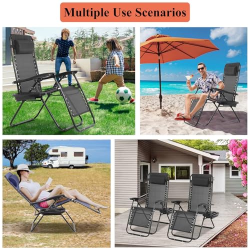 Zero Gravity Chairs Set of 2 with Pillow and Cup Holder Tray, Portable Recliner Beach Camping Patio Outdoor Folding Lounge Chair for Poolside, Lawn, Garden, Backyard, Black - size: 2-pack