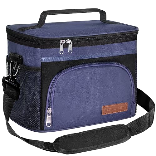 ExtraCharm Insulated Lunch Bag for Women/Men - Reusable Lunch Box for Office Picnic Hiking Beach - Leakproof Cooler Tote Bag Organizer with Adjustable Shoulder Strap for Adults - color: Blue/Black