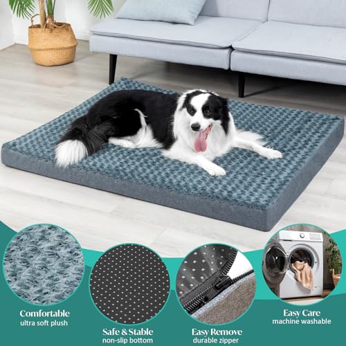 KHONSU PET Dog Bed Mat Plush 3in Orthopedic Pad for Large Dogs up to 65 lbs Large Waterproof Removable Cover Machine Washable for Large Dogs - color: Gray-Blue, size: L