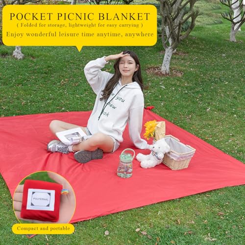 LumiSyne Mini Pocket Picnic Blanket with 4 Fixed Stakes Foldable Portable Picnic Mat Rug Lightweight Waterproof Beach Blanket Multifunctional Thin Ground Sheet for Camping Hiking Travel - color: Red, size: 145 x 180 cm