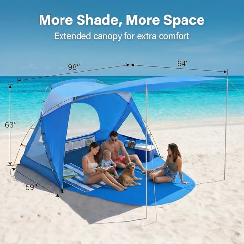 Beach Tent, Portable Sun Shelter for 2/3/4/6-8 Person with UPF 50+ UV Protection, Easy Setup Waterproof Beach Shade Canopy Cabana for Family Outdoor and Picnics, Fishing with Carrying Bag - color: Blue with Canopy, size: Spacious 4-Person