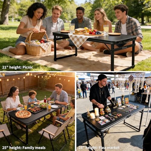 4FT x 2FT Folding Camping Table Adjustable Height with Umbrella Hole, Aluminum Alloy Legs Foldable Portable Outdoor Table for Picnic, Travel, Parties, Kids Craft, Market Vendor Use - size: 4 ft x 2 ft × 2.3 ft with Umbrella Hole H