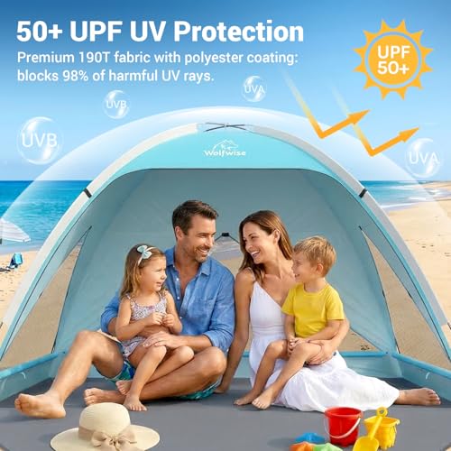 Wolfwise Large Beach Tent Sun Shelter for 3-4 Person, Spacious Sun Shade UPF 50+ UV Protection, Extendable Floor for Privacy, 3 Ventilated Mesh Windows, Portable with Carrying Bag, 95 ″x65″x55″, Blue - color: Blue