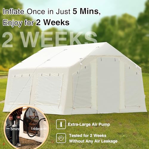KNUO Inflatable Camping Tent, Large Blow-Up Air Tent, No Assembly Needed Luxury Glamping House, Oxford Fabric - color: Light Beige-Dual-layer Doors, size: 12x12ft