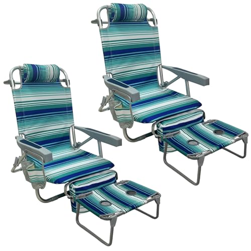 Backpack Beach Chair Aluminum 2 Pack with Folding Camping Table 5-Position Lay Flat Lounge Chair Outdoor for Adults with Insulated Cooler Bag and Cup Holder - color: Cyan, size: 2 PACK