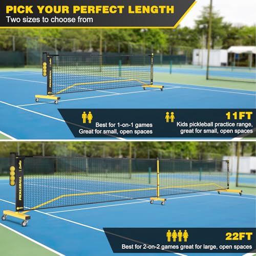 Pickleball Net with Wheels, Portable 2-in-1 Pickle Ball Net with Ball Collector,22FT Regulation Size & 11FT Half Court Size, Carry Bag, Steady Metal Frame for Outdoor Indoor Driveway - color: Black&Yellow