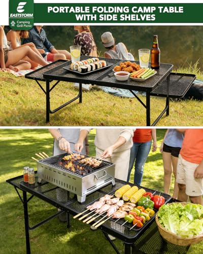 3ft Folding Camping Table with Wing Panels, Metal Mesh Grill Table,2 Adjustable Heights,Folding Table with Storage Net, Paper Towel Holder, Hooks, Trash Bag Rack, for Picnic,Camping,BBQ,Beach(Black) - color: 3ft With Wing Panels