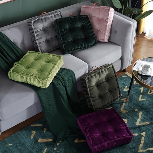 vctops Square Solid Color Velvet Seat Cushion with Handle Tufted Thicken Chair Pad Tatami Floor Pillow Cushion 16.5"x16.5"x4" Grass Green - color: Grass Green