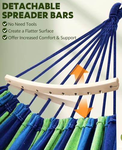 Chihee Hammock for Stand 9.8ft x 4.9ft Soft Cotton Hammock Holds Up to 660lbs Portable Tree Hammocks with Detachable Spreader Bar Pillow 2 Strong Webbings 2 Carabiners Patio Garden Indoor Outdoor - color: Blue/Green Stripes, size: 300x150cm