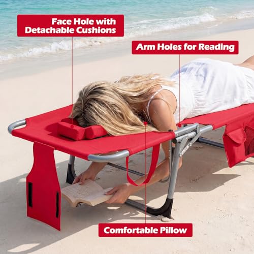 COSTWAY Tanning Chair with Face Hole, Folding Beach Lounge Chair with 4-Position Adjustable Backrest, Pillow & Side Pocket, Foldable Chaise Lounge Chair Outdoor for Sunbathing, Camping (1, Red) - color: Red