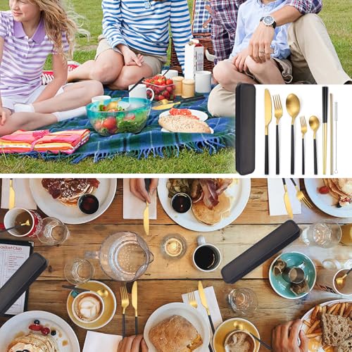 AARAINBOW 6 Pieces Stainless Steel Flatware Set Portable Reusable Cutlery Set Travel Utensils Set Including Chopsticks Knife Fork Spoon Straws Cleaning Brush Dishwasher Safe (B-Black golden) - color: B-Black golden