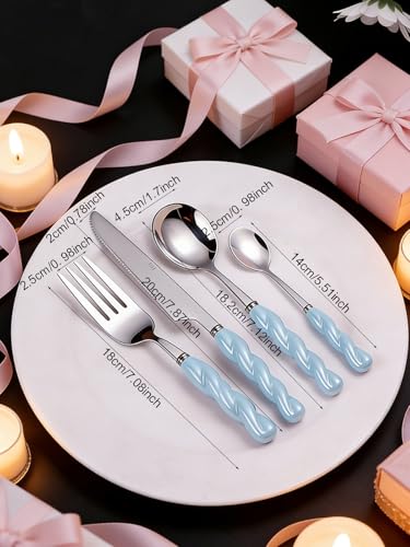 Stainless Steel Flatware Set, 4-Piece Heavy Duty Cutlery Set with Dinner Knife, Fork & Spoons, Tableware Gift for Daily Use Wedding Housewarming Baby Shower Valentine's Day Present (Blue) - color: Blue