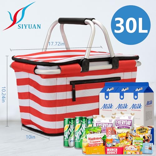 SIYUAN Picnic Basket with Handles 30L Leakproof Insulated Cooler Stripped Grocery Shopping Market Tote for Family Red White - color: Red White