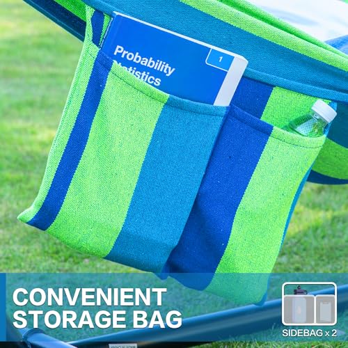PNAEUT Double Hammocks with Stand for Outside, Portable Space Saving Heavy-Duty Steel Stand for Indoor Outdoor Patio with Sidebag, 450 lbs Capacity (Blue) - color: Blue