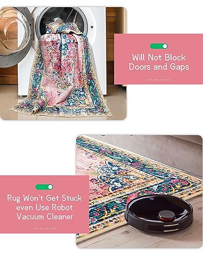 Area Rug 4x6.5 Pink Boho Rug Washable Vintage Rug for Kitchen Living Room Bedroom Bathroom Office Low Pile Non Slip Indoor Floor Carpet - color: A#pink, size: 4' x 6.5' (Rectangular)