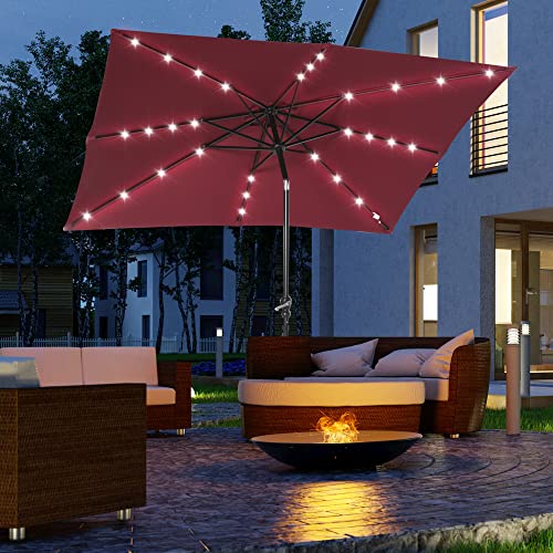 Outsunny 9' x 7' Solar Umbrella, LED Lighted Patio Umbrella for Table or Base with Tilt & Crank, Outdoor Umbrella for Garden, Deck, Backyard, Pool, Beach - color: Red