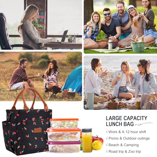 Joymee Lunch Bag Women Insulated Lunch Box Reusable Leakproof Large Spacious Cooler Tote for Women Men Adult with Bottle Holder and Side Pockets for Work Office Travel Picnic - Cherry - color: 04 Cherry