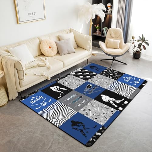 Erosebridal Ice Hockey Area Rug 4'11" x 3'3" for Boys Kids Teens,Sports Theme Carpet Blue and Gray Hockey Indoor Floor Mat,Winter Hockey Player Accent Rug Set for Living Room Bedroom Non Slip - color: Color 28, size: 3'3" x 4'11" (Rectangular)
