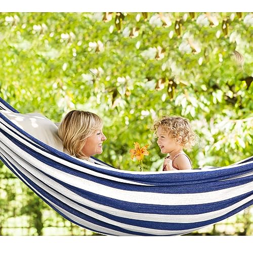 Chihee Cotton Hammock Holds Up to 660lbs Fabric Hammock 8.9x4.9ft Soft Portable Tree Hammocks Camping with Detachable Spreader Bar Pillow 2 Strong Webbings 2 Carabiners Indoor Outdoor Backyard Garden - color: Blue/White Stripes, size: 270x150cm