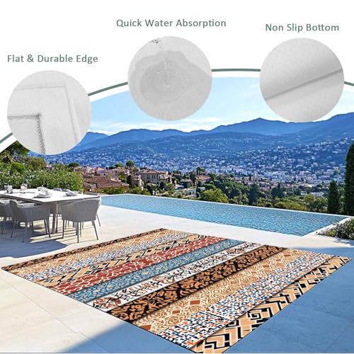 Outdoor Rug 5x8ft, Boho Stripes Ethnic Style Indoor Area Rug for Patio Backyard Deck Large Floor Mat, Retro Abstract Totem Non-Slip Outside Carpet Balcony Porch Camping Rugs Picnic Mat - size: 5' x 8' (Rectangular)