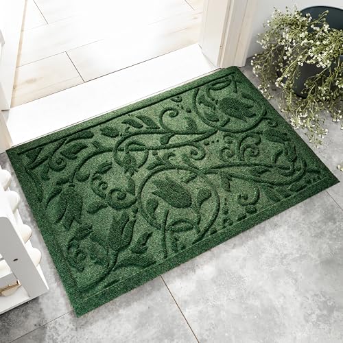 Boho Green Floral Leaves Outdoor Indoor Entrance Doormats, Absorbent Durable Heavy Duty Welcome Front Door Mat,Thick Natural Rubber Back,Easy Clean Entryway Mat 23x35 Inch, Low Profile - color: Tulip-green, size: 1'11" x 2'11" (Rectangular)