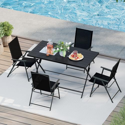 Tangkula 48" Foldable Outdoor Dining Table, Rectangular Metal Patio Table with Slatted Tabletop, Folding Bistro Barbecue Picnic Dinner Table for Indoor Kitchen Outside Garden Backyard Balcony Lawn