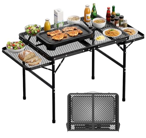 Folding Grill Table 30.3" Height Adjustable, Outdoor Camping Table with 2 Extra Desktops, 3x2 FT Portable Metal Grill Table for Outside for Picnic BBQ Camping Beach - style: 30.3"H Grill Table