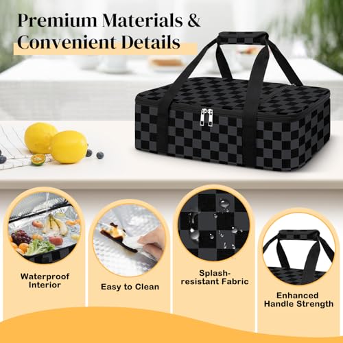 Coobiiya Insulated Casserole Carrier,Lasagna Lugger Tote Keeps Food Hot or Cold,Thermal Lunch Bag Warmer & Cooler Carrier Bag,Portable Tote Bag Fits 9" x 13" Baking Dish for Picnic and Cookout - color: Black Grid, size: Single Layer: 15.75 × 11.8 × 4.7 in