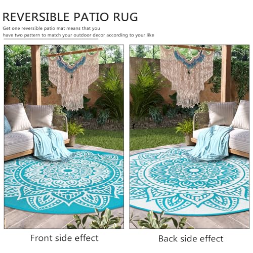 famibay Round Outdoor Rug 6ft Outdoor Plastic Straw Rug Boho Round Patio Rugs Outdoor Waterproof Reversible Camping Rug Potable Lightweight Circle Outdoor Rug for Patios Backyard Camping Porch(Teal) - color: Teal, size: Round 6ft