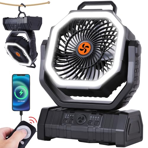 𝟐𝟎𝟎𝟎𝟎𝐦𝐀𝐡 Rechargeable Fan Portable,𝟏𝟑𝐈𝐧Battery Powered Camping Fan with Light,Workup 𝟔𝟎𝐇 & 𝟖𝐇 Timer & Remote,Auto Oscillation Battery Operated Fans Portable for Camping - Hanging Hook - color: Black
