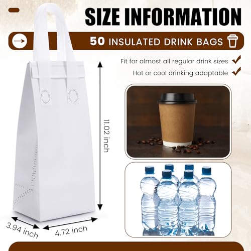 50 Pcs White Insulated Single Cup Drink Carrier Bags Bulk Thermal Insulation Take Away Bags Portable Takeout Coffee Carrier Reusable Carriers with Handle for Hot Cold Beverage - color: White