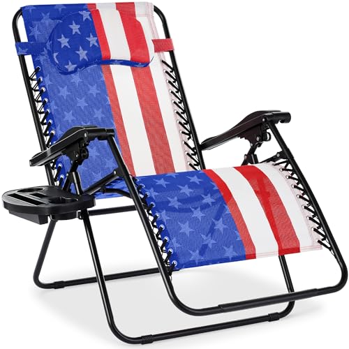 Best Choice Products Oversized Zero Gravity Chair, Folding Outdoor Patio Lounge Recliner w/Cup Holder Accessory Tray, Pillow - American Flag - color: American Flag