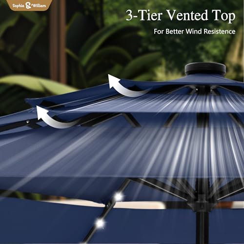 Sophia & William 10ft Patio Umbrellas 3-Tier Umbrella Outdoor Patio Umbrellas with Lights Vented Top 24 LED lights Adjustable Tilt for Pool Garden Backyard, Navy - color: Navy