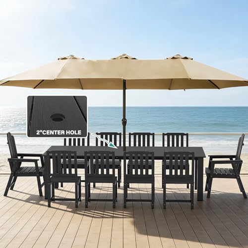 11-Piece Patio Dining Set, Outdoor Dining Set for 10, HDPE All-Weather Outdoor Furniture with 89.57” Umbrella Hole Table, 2 Armchairs & 8 Armless Chairs, Black - color: Black, size: 2 Armchairs & 8 Armless Chairs