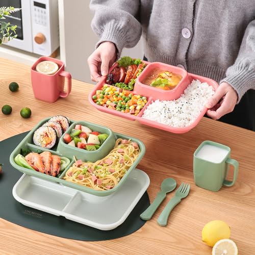 Unbreakable Rectangular Divided Plates for Adults 4 Sections Portion Control Plates Set of 2 Plastic Dinner Plate for Camping Outdoor or Every Day Use - color: Style 2 Pink, size: 10.5*8.5 Inch