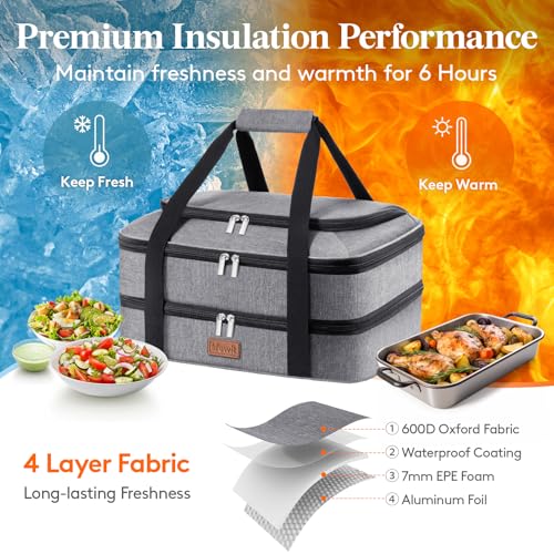 Lifewit Double Decker Casserole Carrier for Hot and Cold Food, Insulated Casserole Dish Carrier Carrying Case with Tool Room, Thermal Bag for Potluck Parties Cookouts Fits 9"×13" Baking Dish, Gray - color: Gray