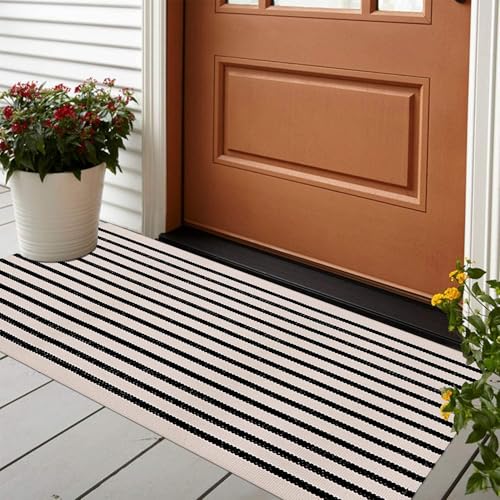 LEEVAN Black and White Striped Outdoor Rug Runner 2x4 Layering Doormat Farmhouse Front Porch Rug Cotton Woven Washable Throw Carpet for Hallway/Front Steps/Bathroom/Kitchen/Home Entrance - color: Black and White, size: 2' x 4'3" (Rectangular)