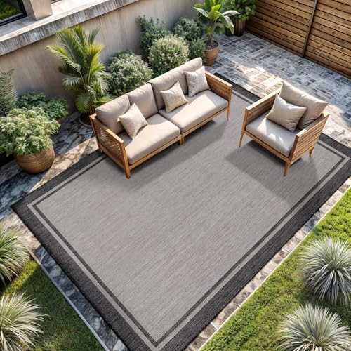 CAMILSON Indoor Outdoor Rug, 9x12 Bordered Gray Modern Area Rugs for Large Indoor and Outdoor Patios, Kitchen and Hallway Mats, Washable Porch Deck Outside Carpet (Bordered Grey, 9 x 12) - color: Bordered Grey, size: 9' x 12' (Rectangular)