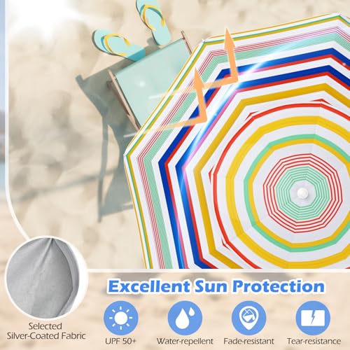 6.5 FT Beach Umbrella, Outdoor Umbrella Sun Shelter with 30° Adjustable Tilt, UPF 50+ Sun Protection, Carrying Bag, Vented Top & Sharp Anchor, Stripe Sunshade Parasol for Garden, Pool, Yard, Beach