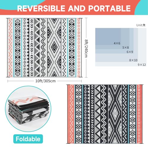Outdoor Rugs Patio Camping Waterproof - 8x10 Plastic Straw Patio Rug Portable for Campers, Outside RVs Mat, Outdoor Area Carpet for Patios Clearance, Backyard Porch, Balcony, Picnic - color: Black Red, size: 8' x 10' (Rectangular)