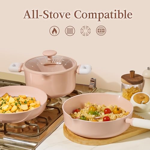 CAROTE Pots and Pans Set Nonstick, Ceramic Cookware Set, Pink Cooking Set Kitchen Induction Set with Steamer, PFAS PTFE Free,9 Piece - color: Pink, size: Stockpot